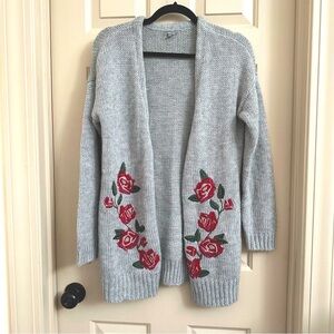 Charlotte Russe - Gray open Cardigan Sweater with Red Floral embroidered roses